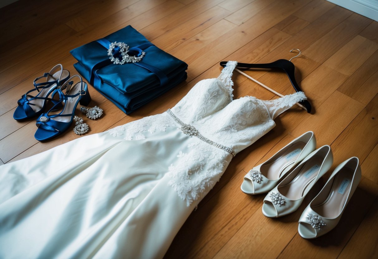 The bride's wedding dress is laid out on a hanger, ready to be put on. Accessories and shoes are neatly arranged nearby