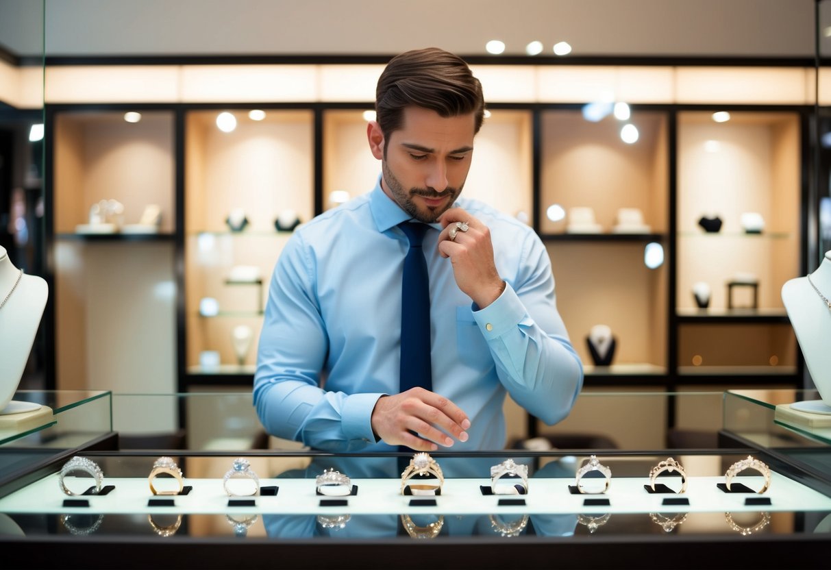 A man standing in front of a jewelry store display, examining various wedding rings with a thoughtful expression