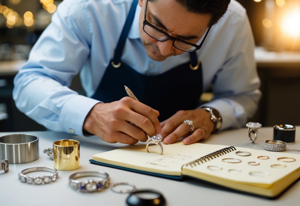 A jeweler carefully examines various metals and gemstones, sketching out different ring designs on a notepad
