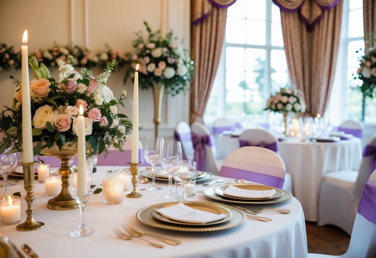 A room adorned with flowers, ribbons, and candles. A table set with elegant place settings and a cake
