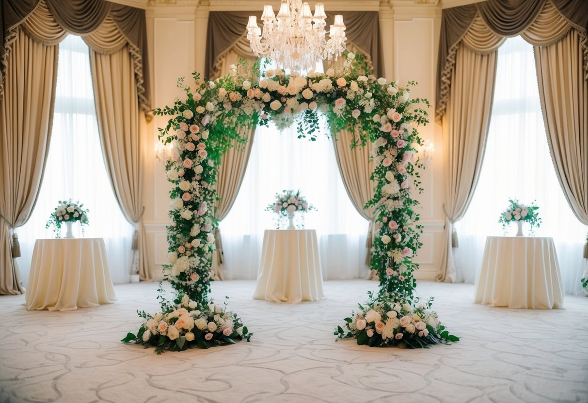 A wedding room adorned with elegant floral arrangements and tasteful drapery, creating a romantic and enchanting atmosphere