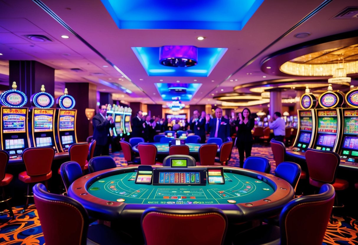 Brightly lit casino with colorful slot machines and card tables. People cheering and music playing in the background