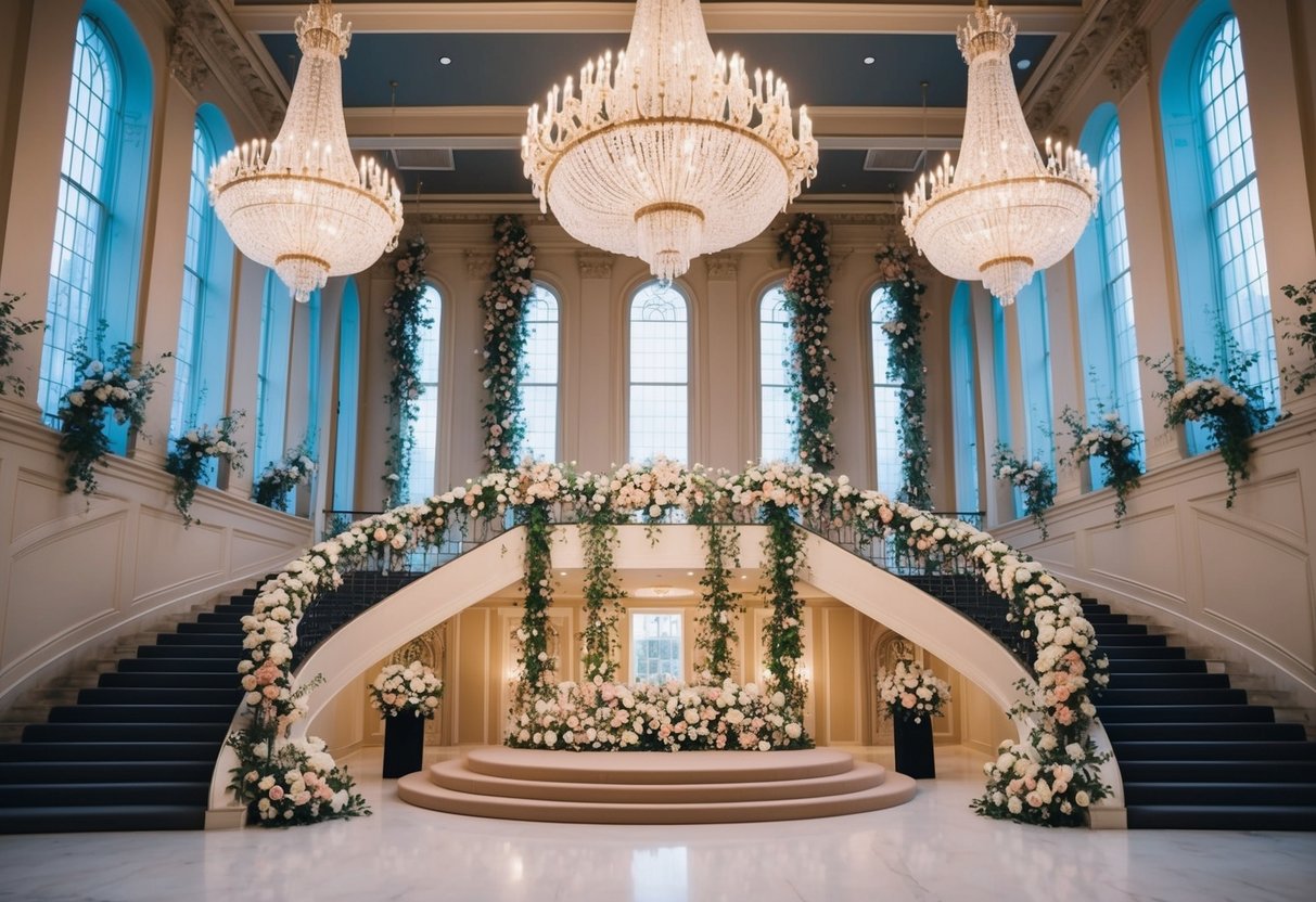A grand ballroom with ornate chandeliers, tall windows, and a sweeping staircase, adorned with cascading flowers and elegant decor