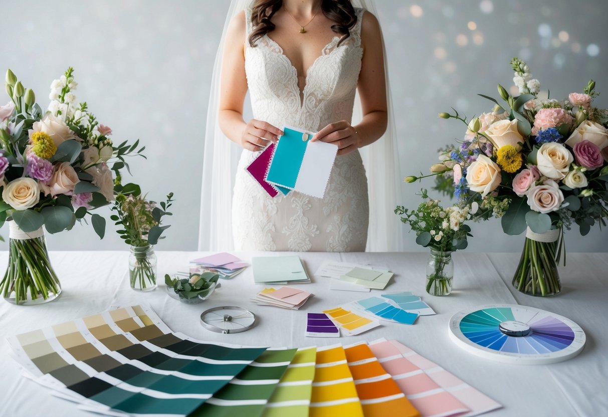 A bride holding swatches, surrounded by floral arrangements and fabric samples on a table, with color wheels and paint chips spread out