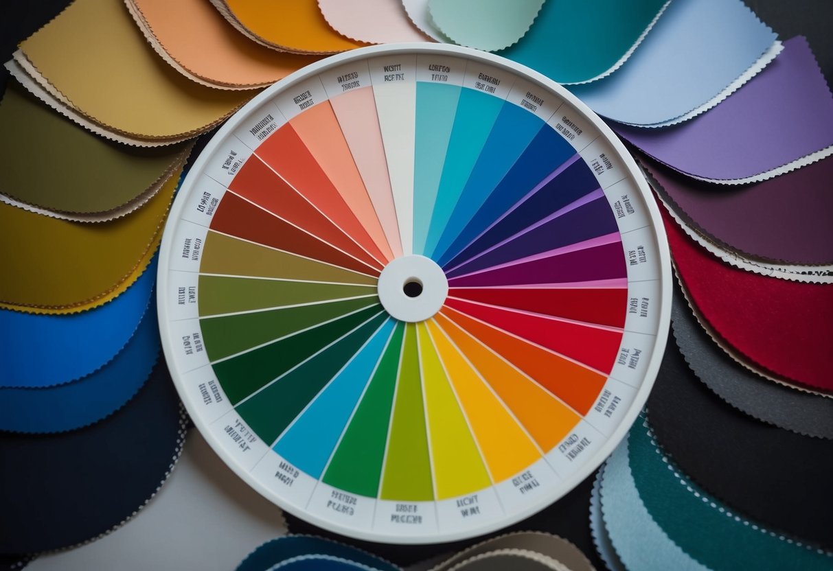 A color wheel with various shades and tints, surrounded by swatches of different colors and fabric samples
