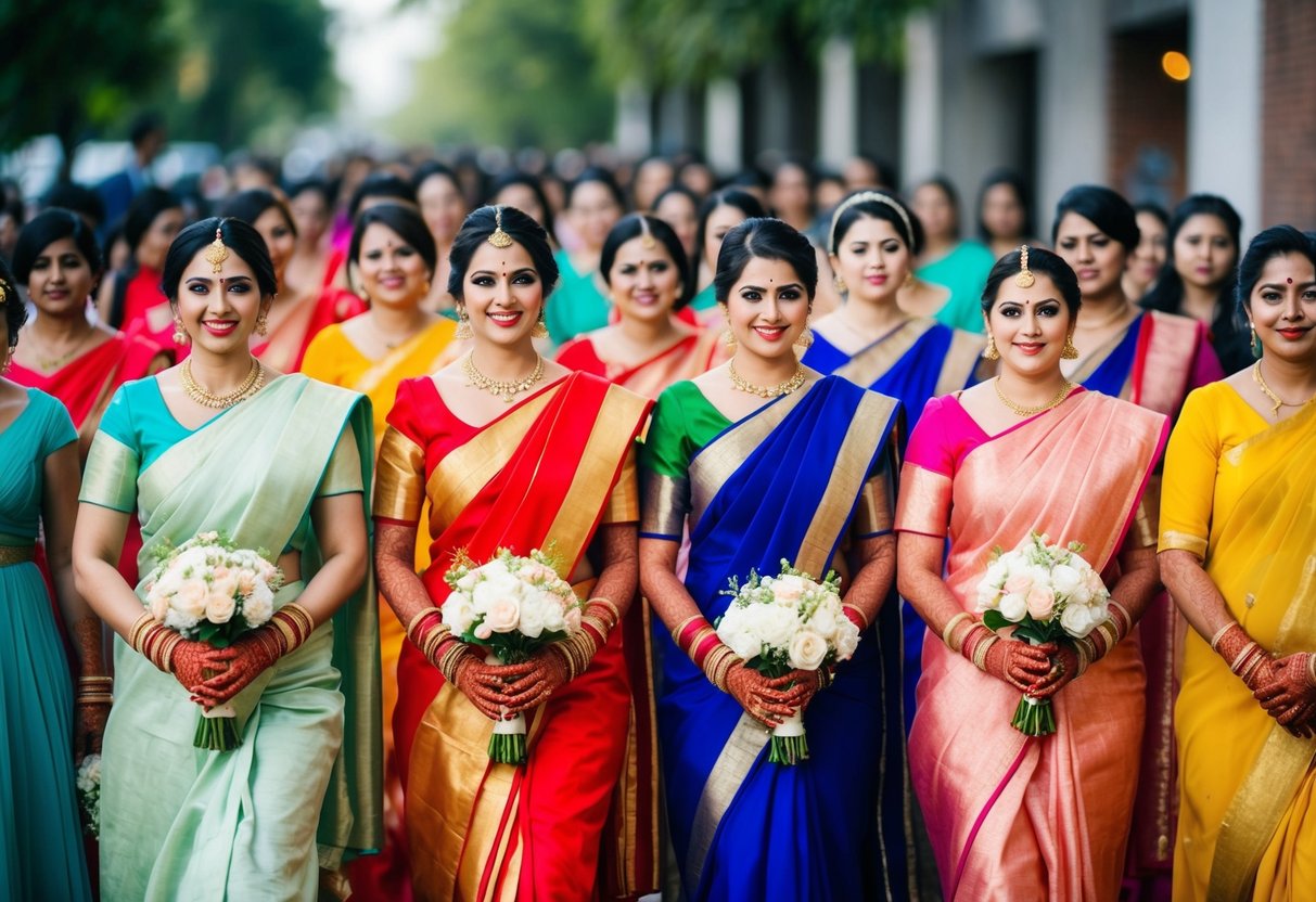 Bridesmaids in traditional and modern attire walk in procession