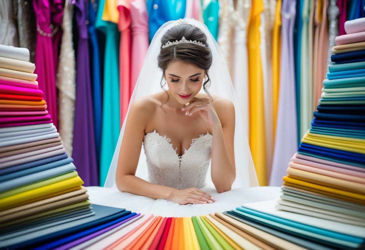 A bride surrounded by a spectrum of colorful fabric swatches, pondering her wedding gown choice
