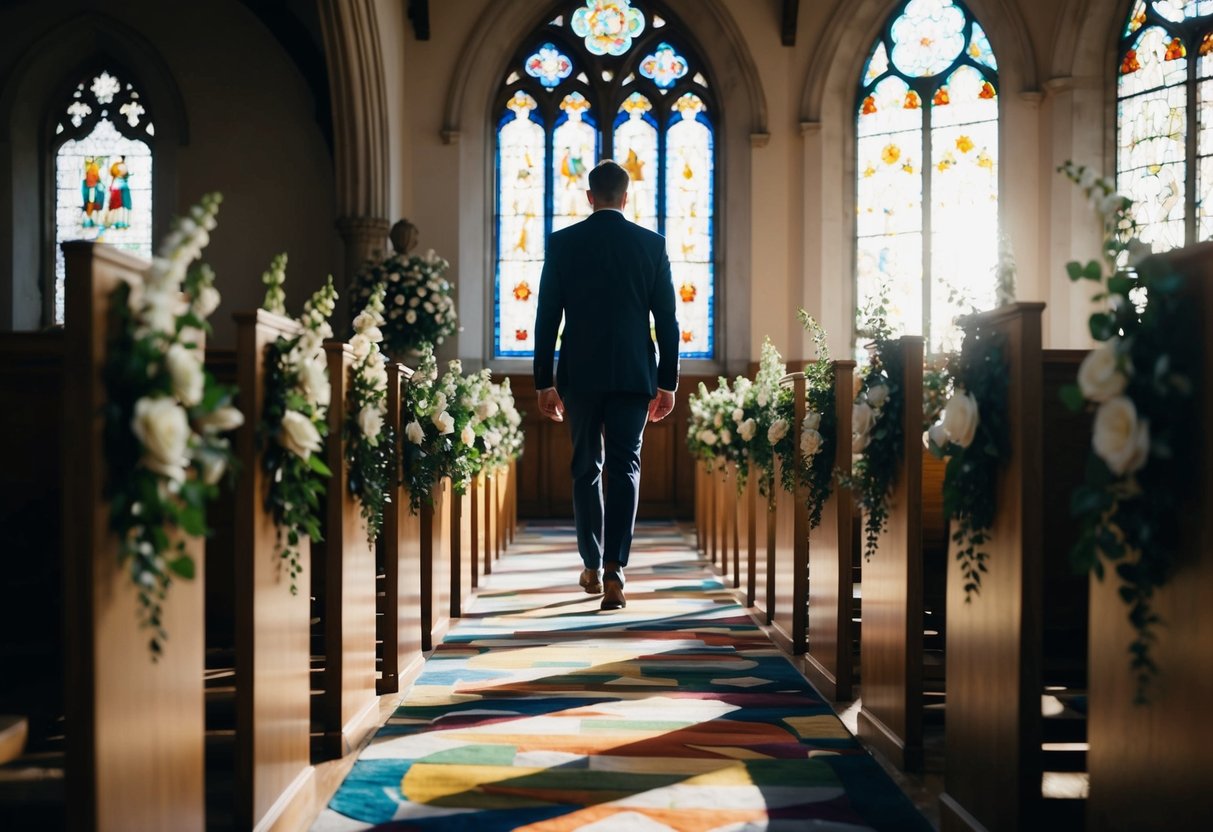 A lone figure walks down a flower-lined aisle, sunlight streaming through stained glass windows, casting colorful patterns on the ground