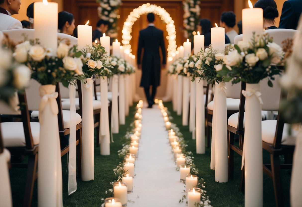 A lone figure walks down a flower-lined aisle, surrounded by the soft glow of candlelight and the gentle rustle of traditional music