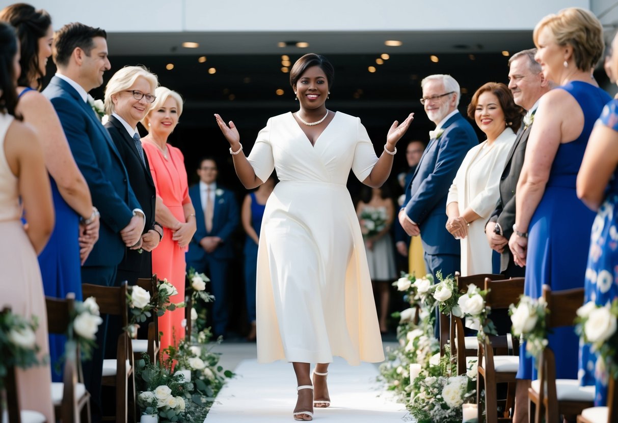 A confident figure walks down the aisle, radiating independence and strength. The surroundings are filled with love and support