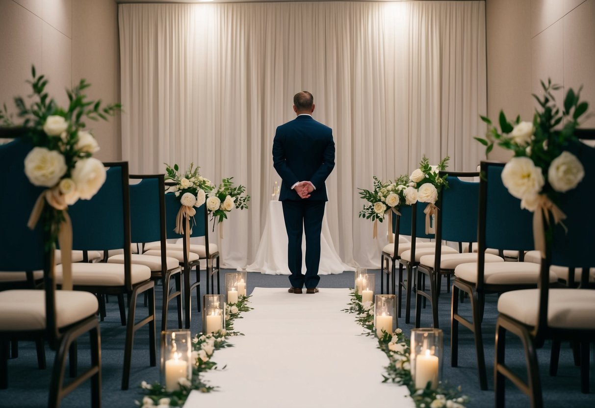 A lone figure stands at the start of a long aisle, surrounded by empty chairs and floral decorations, with a sense of anticipation in the air
