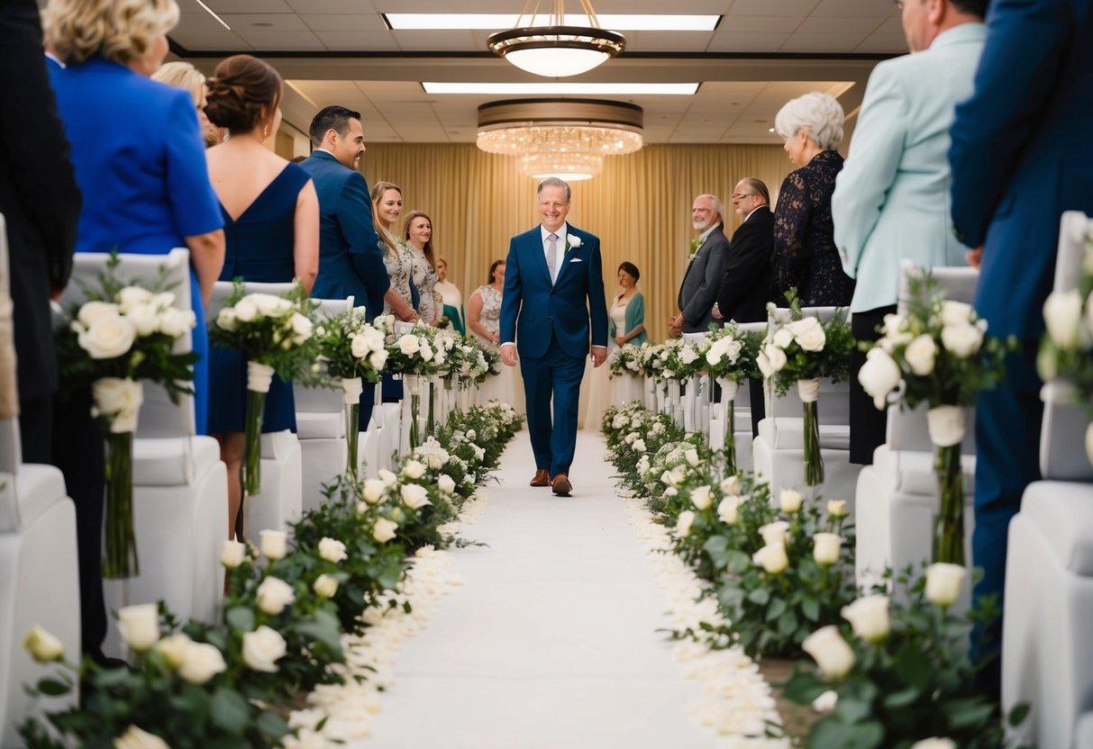 A lone figure walks down a flower-lined aisle, surrounded by supportive and sentimental decor