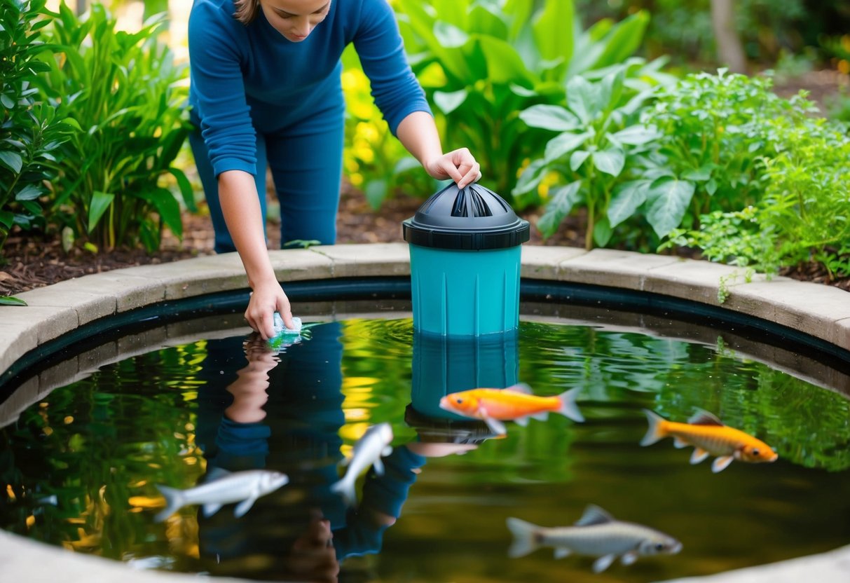 A serene pond with a filter system surrounded by lush vegetation. A person is gently cleaning the filters, while fish swim peacefully in the clear water