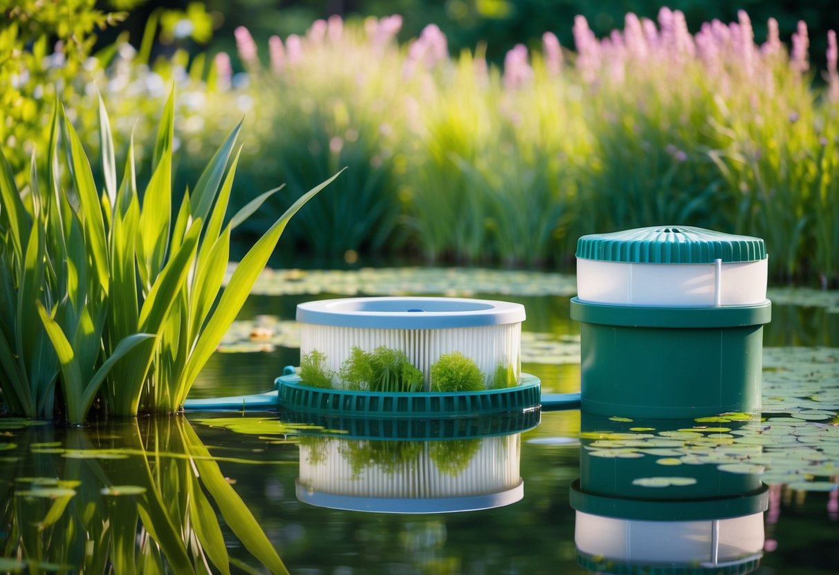 A serene pond with a filter system, showcasing the interplay of beneficial bacteria and clean filters, with a focus on the biological processes at work