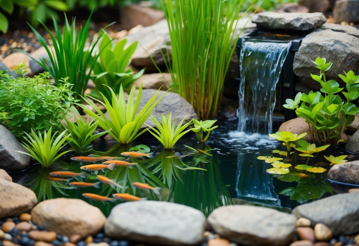 A serene pond with a variety of aquatic plants and fish, surrounded by rocks and a small waterfall. A filter system is visible in the water, with water flowing through it