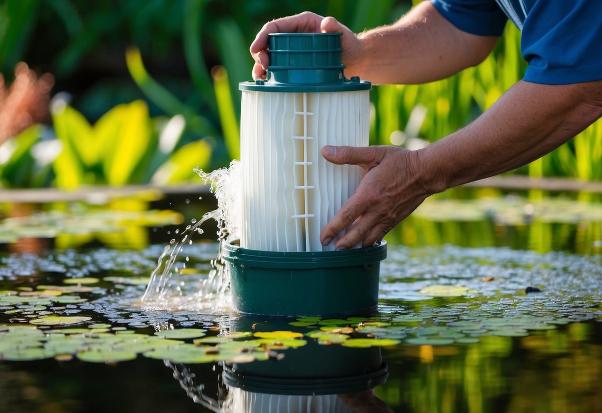 A pond filter being carefully removed and cleaned, with a focus on the filter media and the surrounding biologics