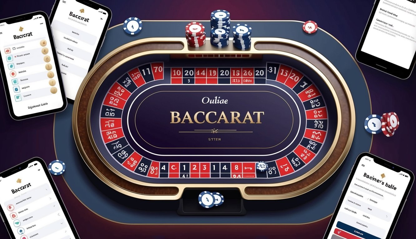 Sebuah meja baccarat online yang ramping dengan kartu dan chip digital, dikelilingi oleh antarmuka modern dan panduan untuk pemula