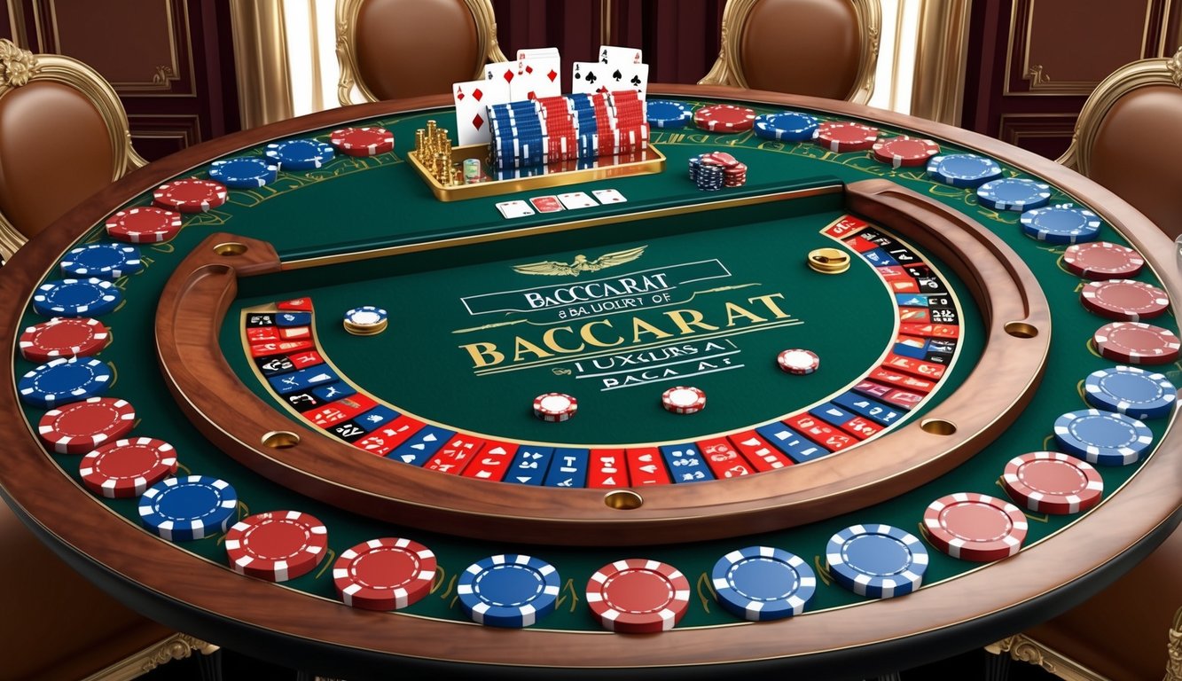 Sebuah meja baccarat mewah dengan chip dan kartu berwarna-warni, dikelilingi oleh dekorasi elegan dan suasana yang canggih