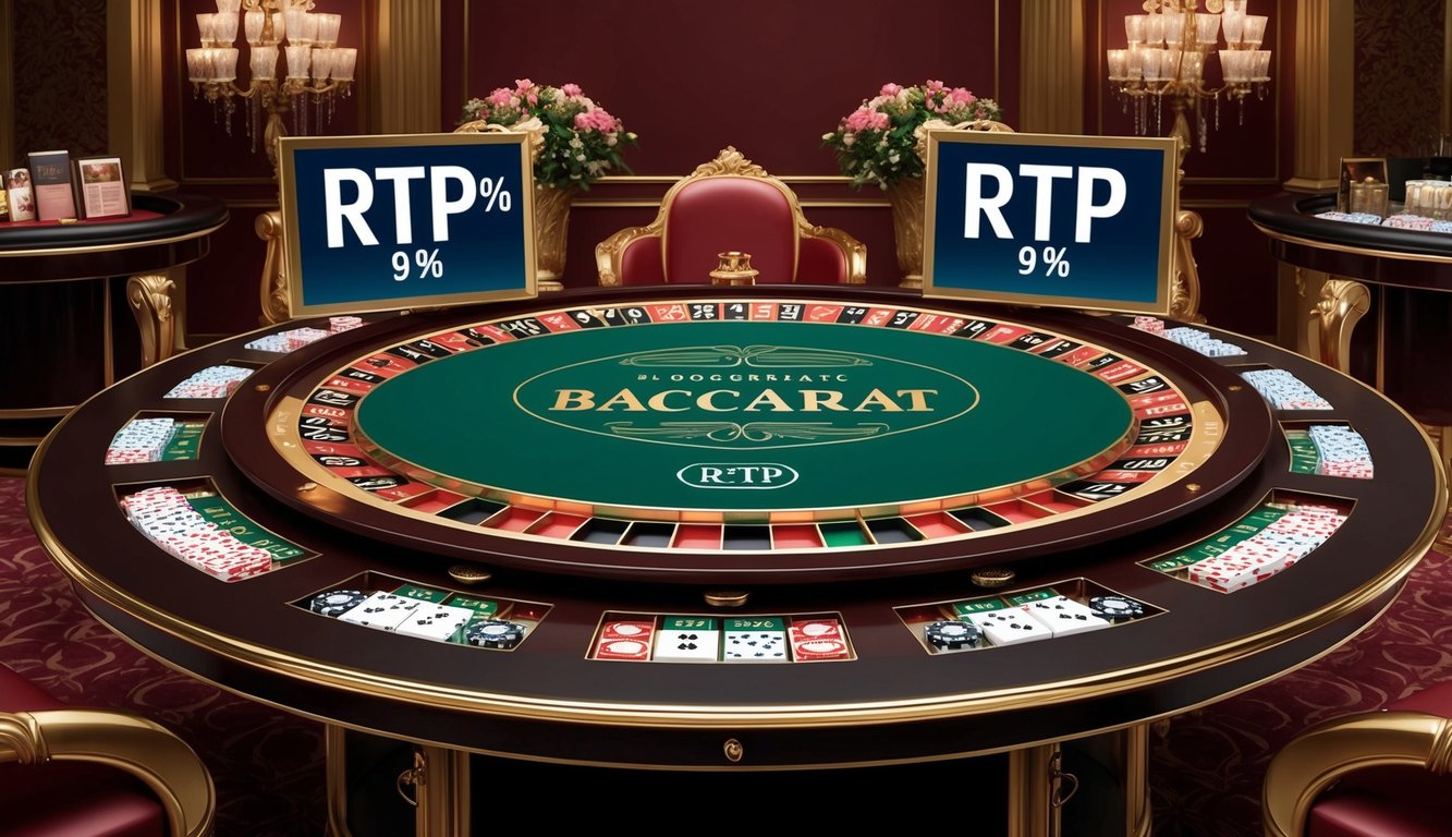 Sebuah meja baccarat mewah dikelilingi oleh dekorasi yang elegan, dengan persentase RTP tinggi yang ditampilkan dengan jelas