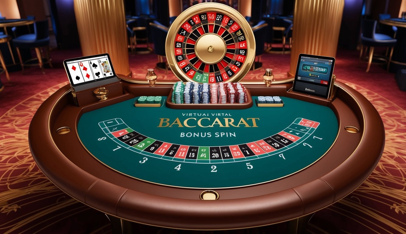 Sebuah meja baccarat virtual dengan fitur putaran bonus, dikelilingi oleh dekorasi kasino yang elegan dan antarmuka yang ramping serta modern