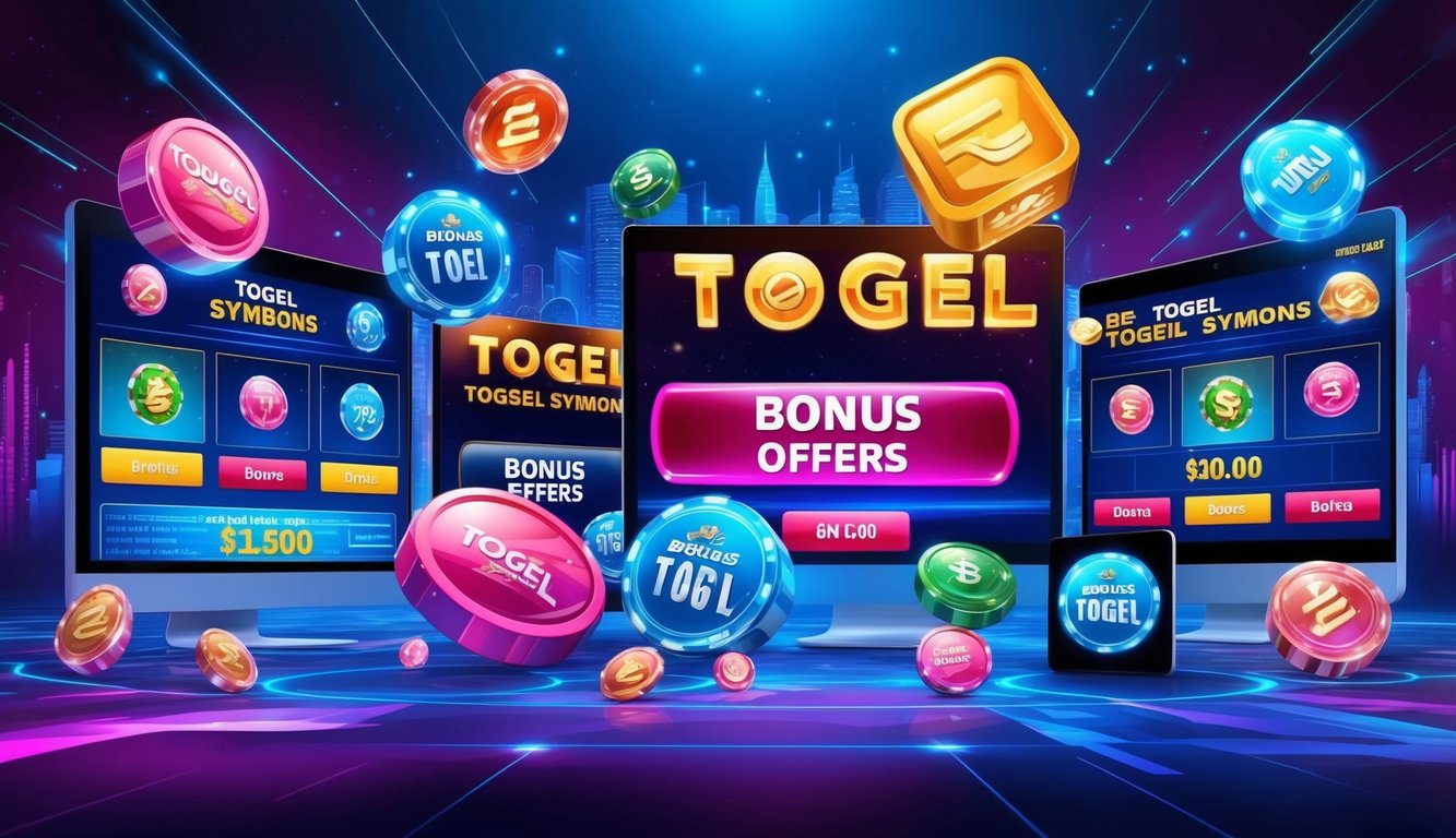 Lanskap digital yang hidup dengan berbagai simbol togel dan tawaran bonus menarik yang ditampilkan di beberapa layar