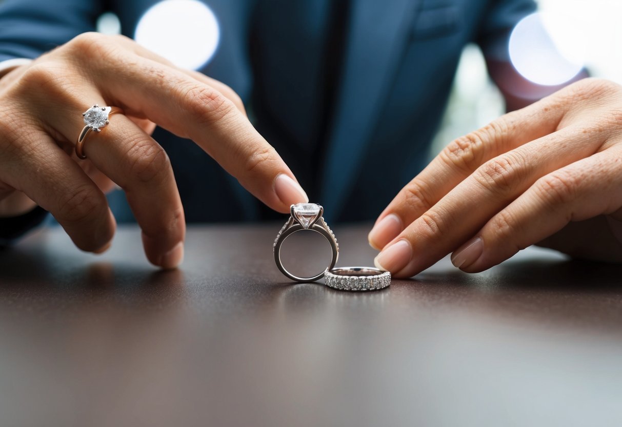 A hand placing an engagement ring on a table next to a wedding ring