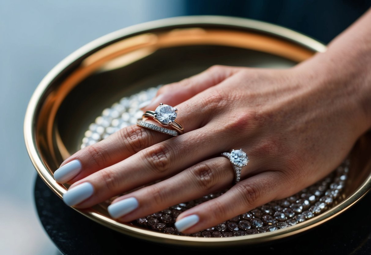 A hand with both a wedding band and an engagement ring on a jewelry dish