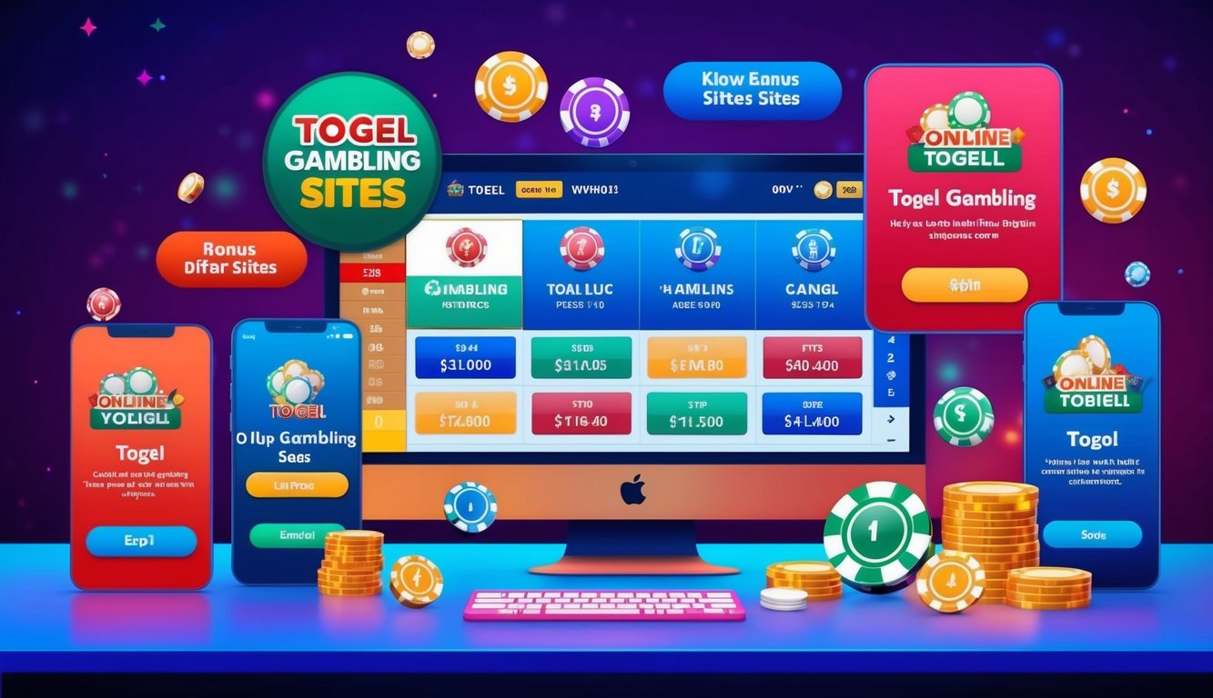 Sebuah antarmuka digital yang berwarna-warni dan cerah menampilkan berbagai situs perjudian togel online dengan tawaran bonus yang menggoda