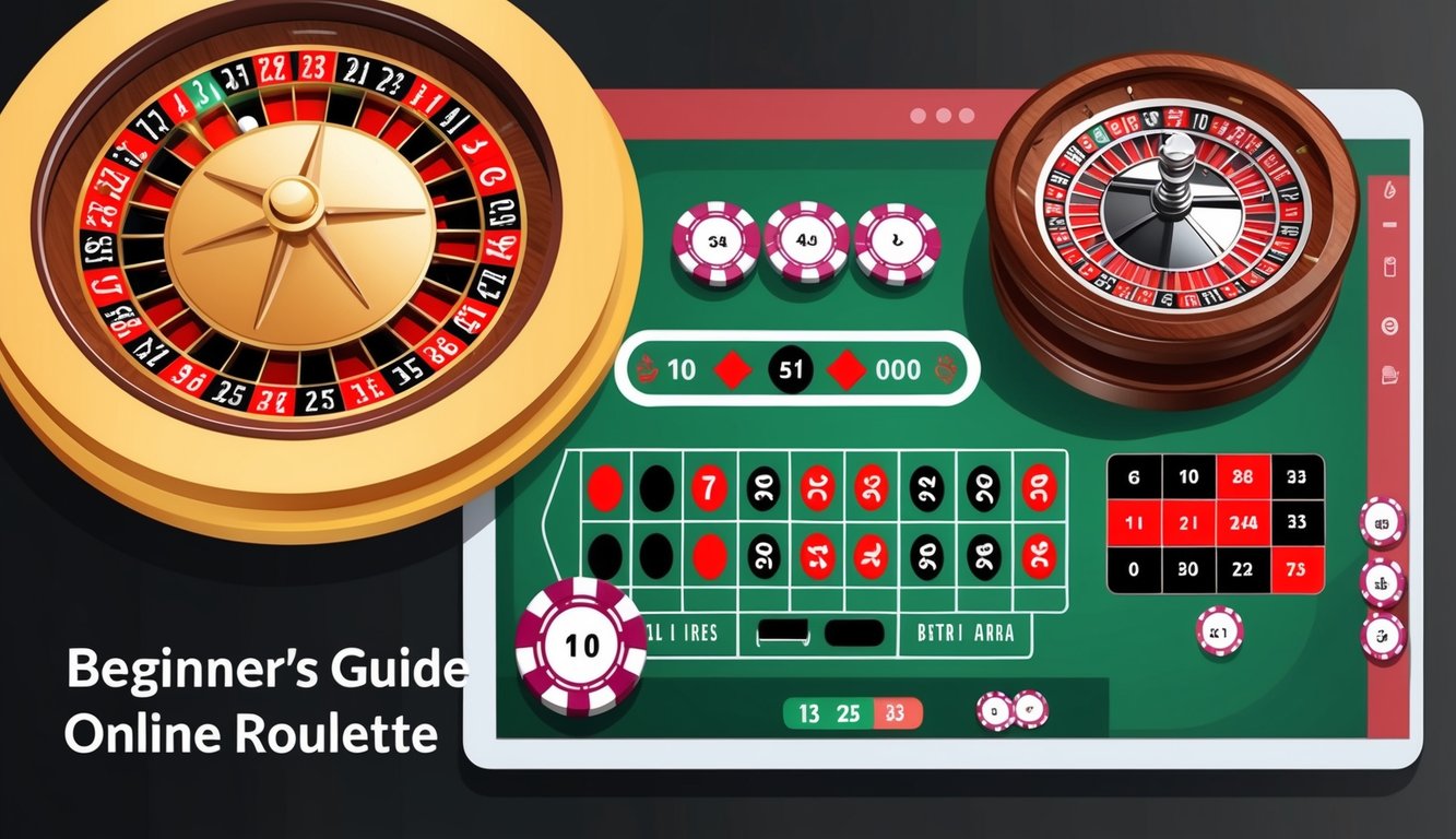 Panduan pemula untuk roulette online, dengan roda virtual dan chip taruhan di antarmuka digital