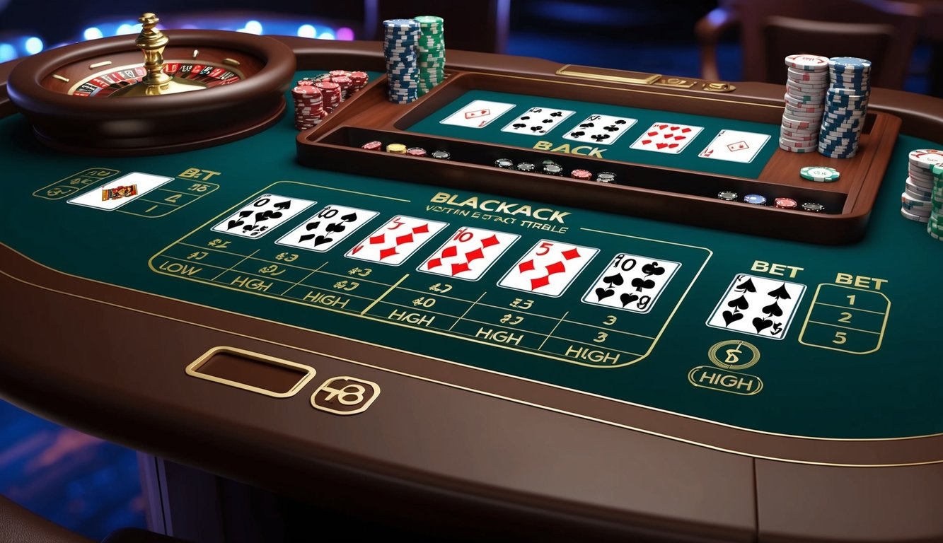 Sebuah meja blackjack virtual dengan berbagai opsi taruhan, dari rendah hingga tinggi, ditampilkan di layar