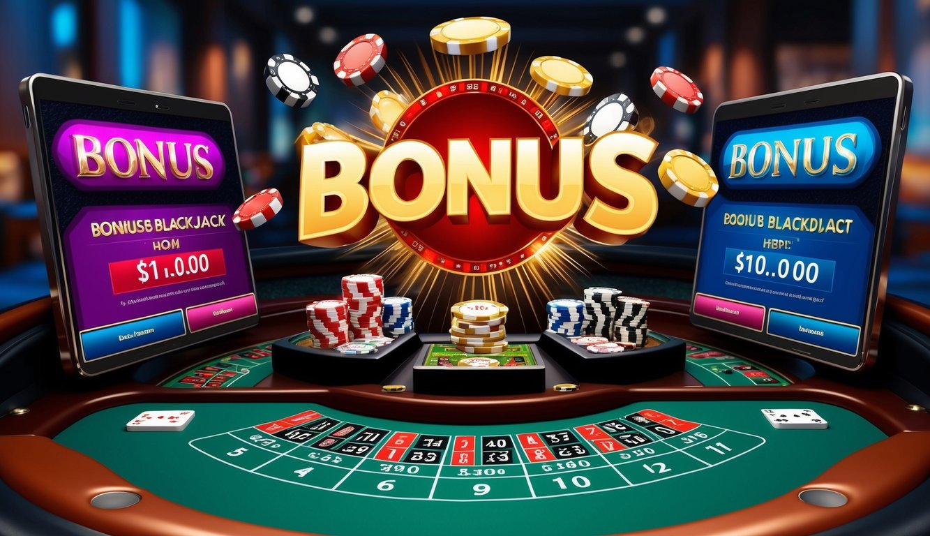 Meja blackjack online yang hidup dengan tawaran bonus menarik ditampilkan di layar