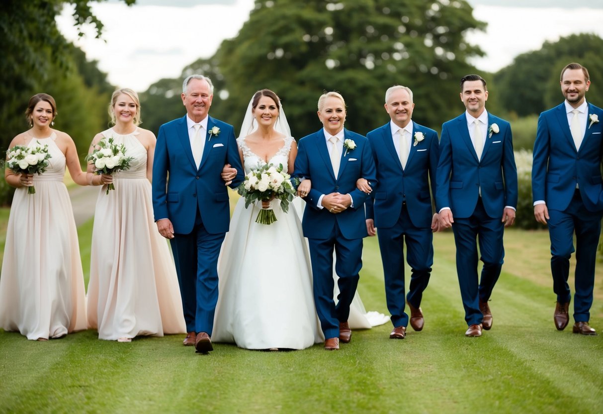 The bride's parents lead, followed by the groom's parents. Then the bridesmaids and groomsmen walk in pairs, with the maid of honor and best man bringing up the rear