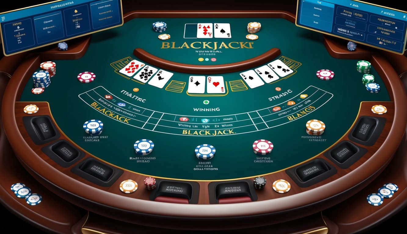 Sebuah meja blackjack virtual dengan kartu dan chip, dikelilingi oleh antarmuka digital yang menampilkan berbagai opsi strategis untuk menang