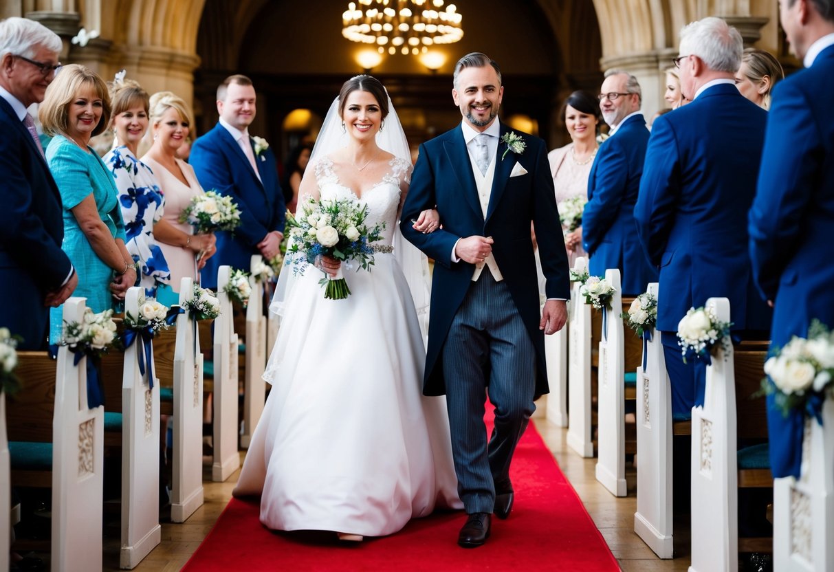 A bride and groom walk down the aisle, followed by the bridal party, in a traditional UK wedding ceremony