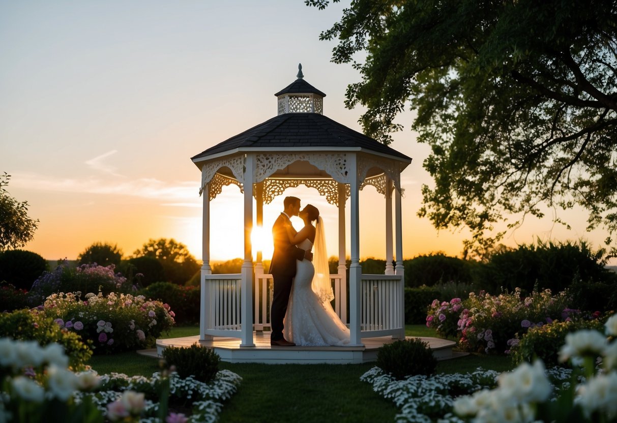 The sun sets behind a flower-filled garden. A white gazebo stands in the center, adorned with delicate lace. A couple stands beneath, their silhouettes embracing