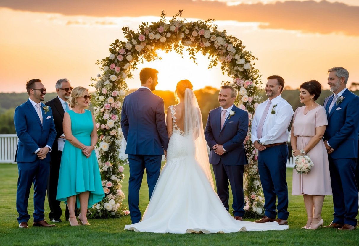 A bride and groom stand beneath a floral arch, surrounded by family and friends. The sun sets behind them, casting a warm glow over the scene