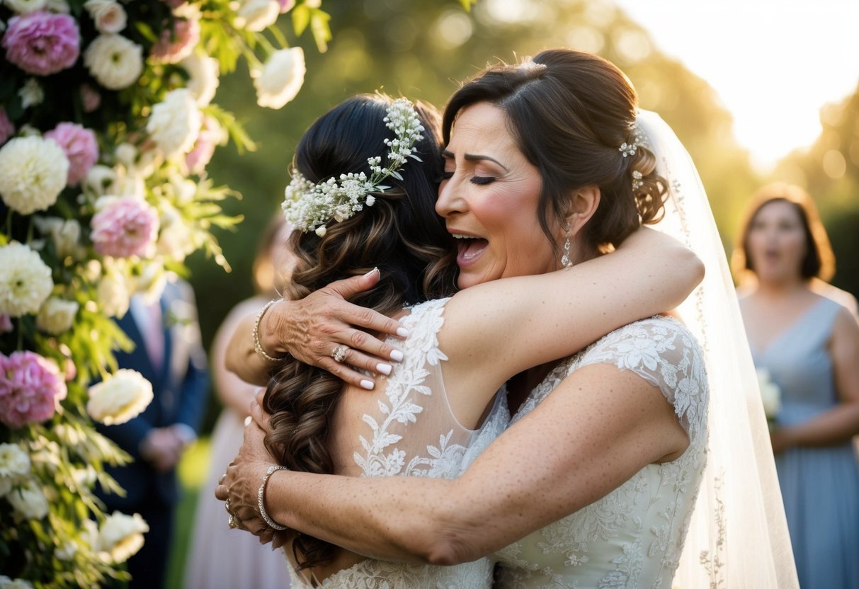 A mother embracing her daughter, surrounded by flowers and soft sunlight, singing a heartfelt and emotional song as her daughter prepares for her wedding