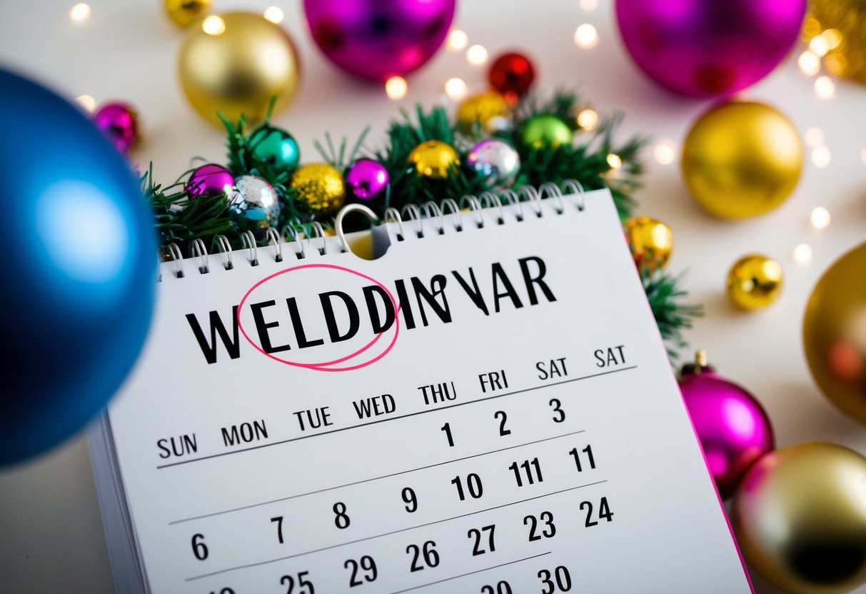 A calendar with a wedding date circled and surrounded by colorful, festive decorations