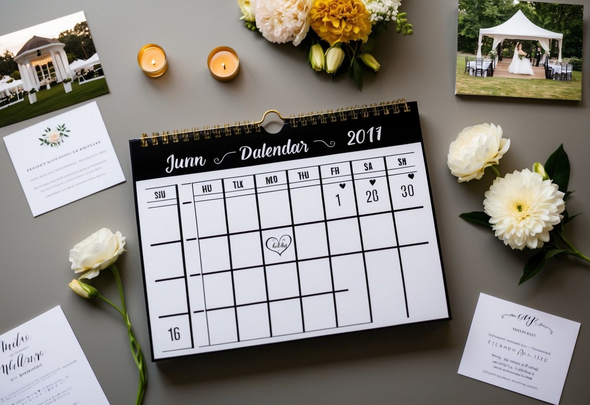 A calendar with a wedding date circled, surrounded by images of flowers, a venue, and an invitation