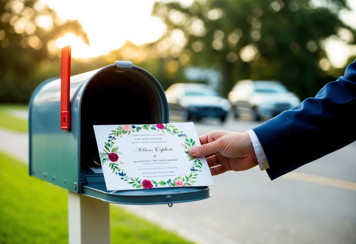 A beautifully decorated wedding invitation being placed in a mailbox