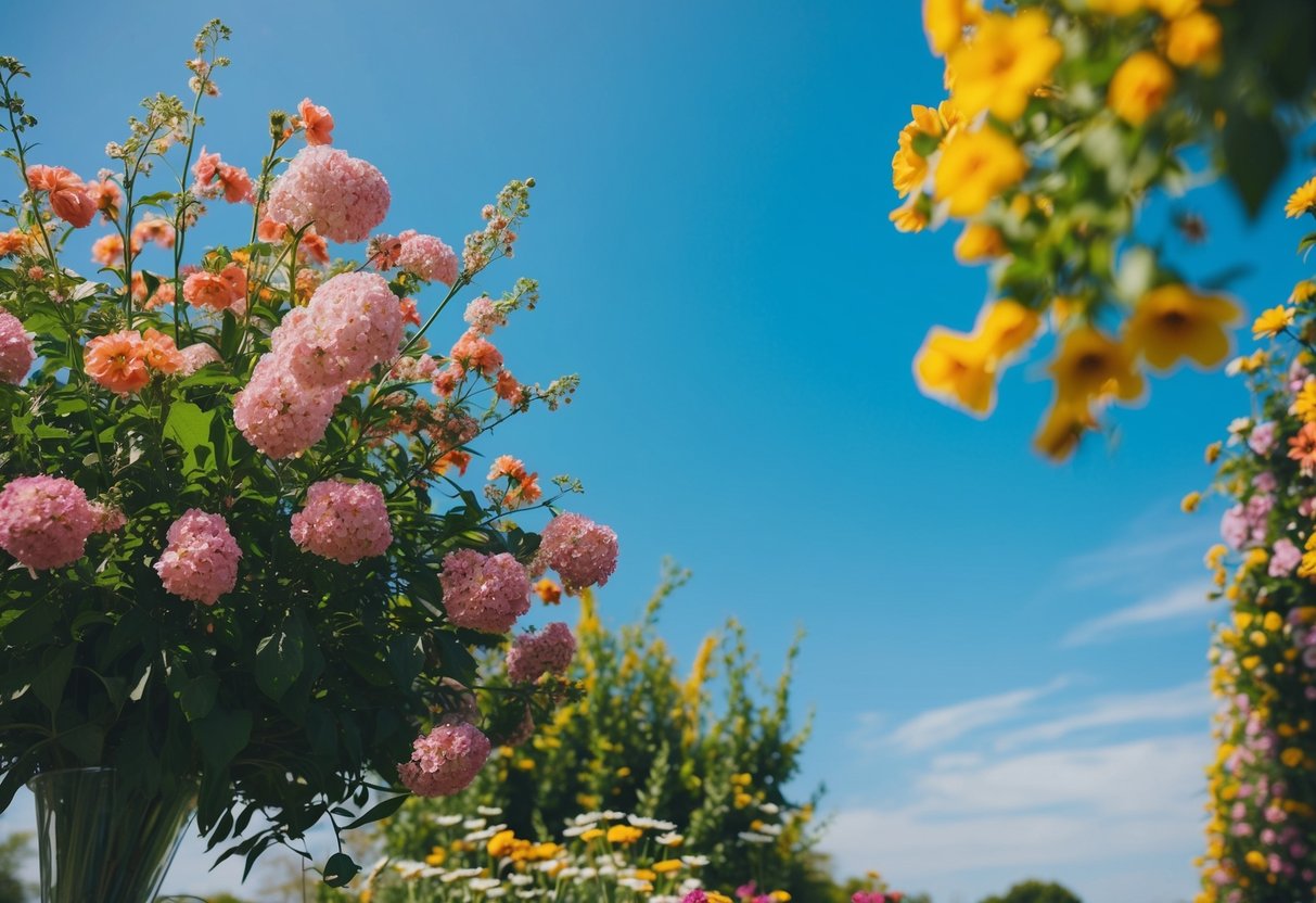 A sunny June day, with vibrant flowers in full bloom and a clear blue sky, creating the perfect backdrop for a wedding celebration