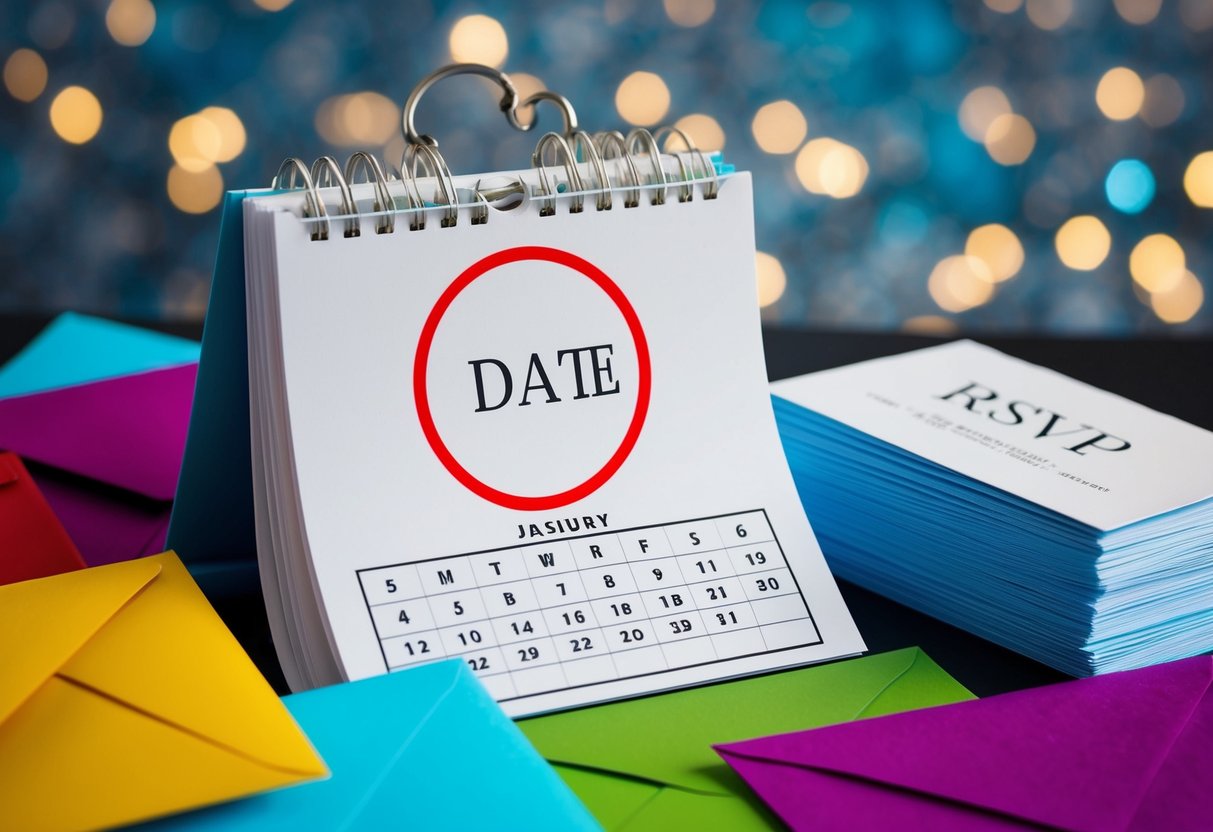 A calendar with a wedding date circled in red, surrounded by colorful envelopes and a stack of RSVP cards