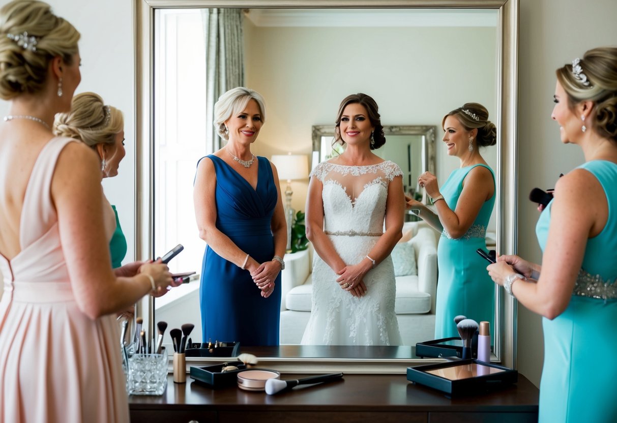 The mother of the bride and the bride stand in front of a large mirror, surrounded by elegant dresses and accessories. Makeup and hair styling tools are laid out on a nearby table