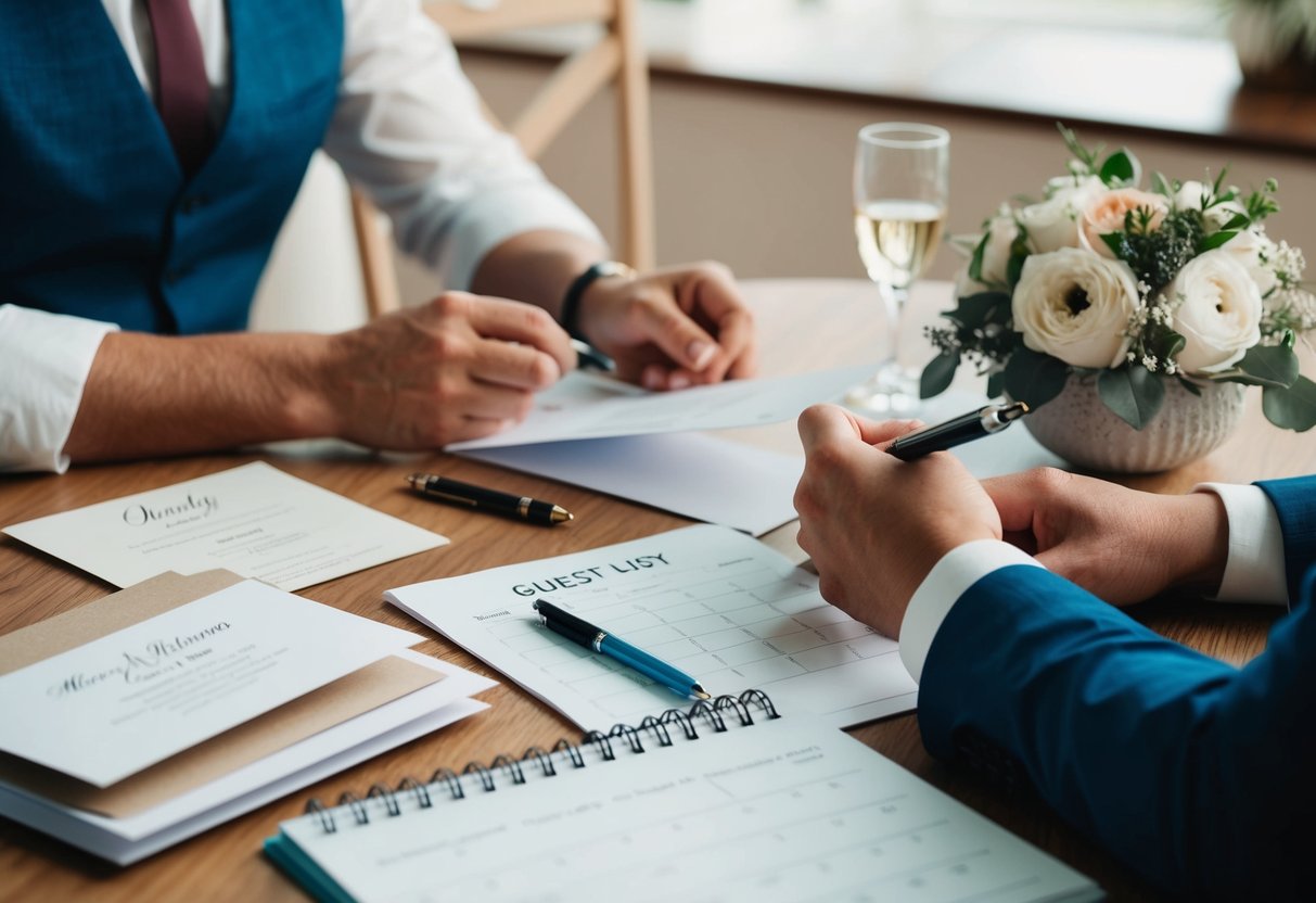 A couple sits at a table with a pen and paper, surrounded by wedding invitations and a calendar, discussing their guest list