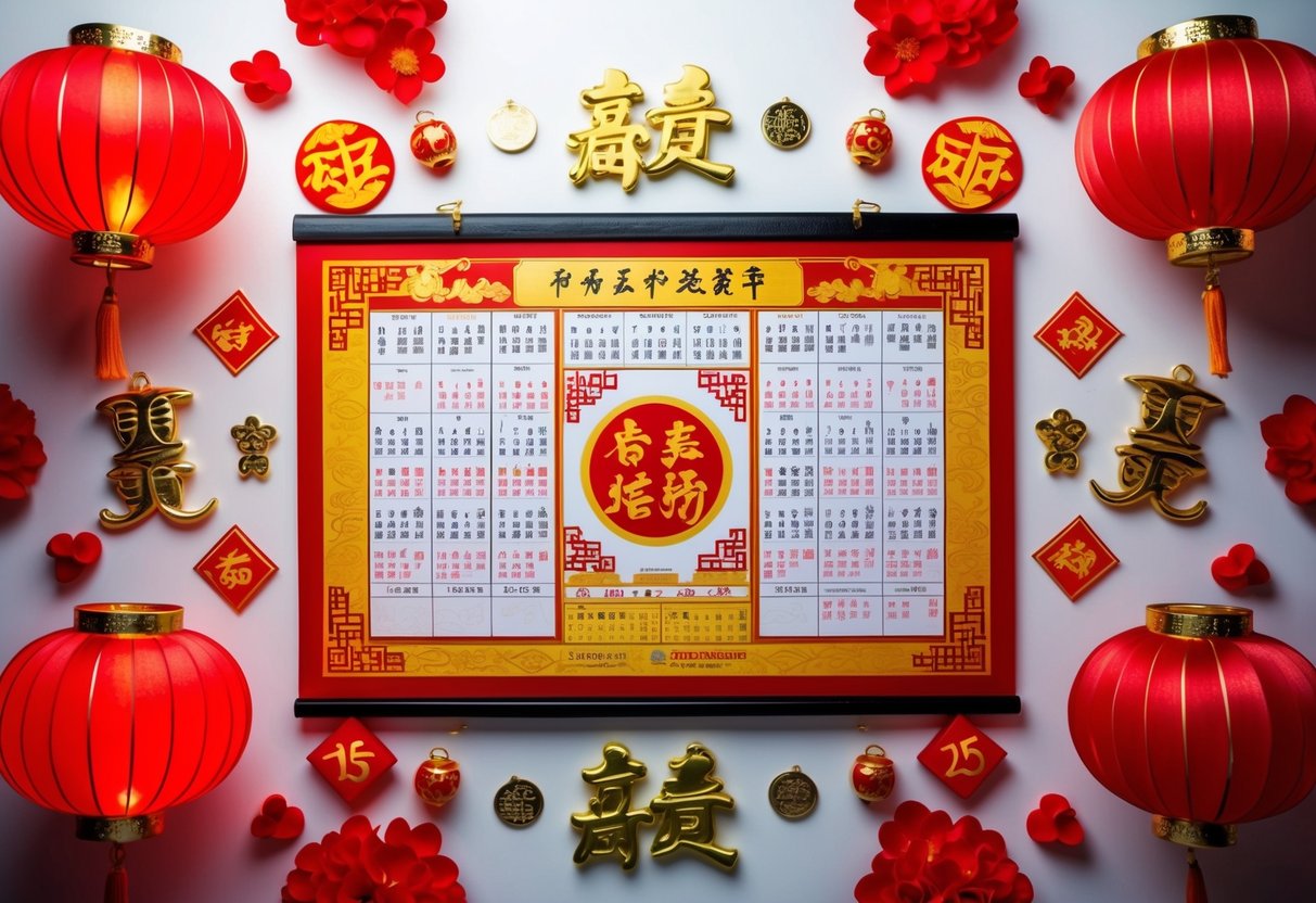 A traditional Chinese lunar calendar surrounded by symbols of love and luck, such as red lanterns, double happiness characters, and lucky charms