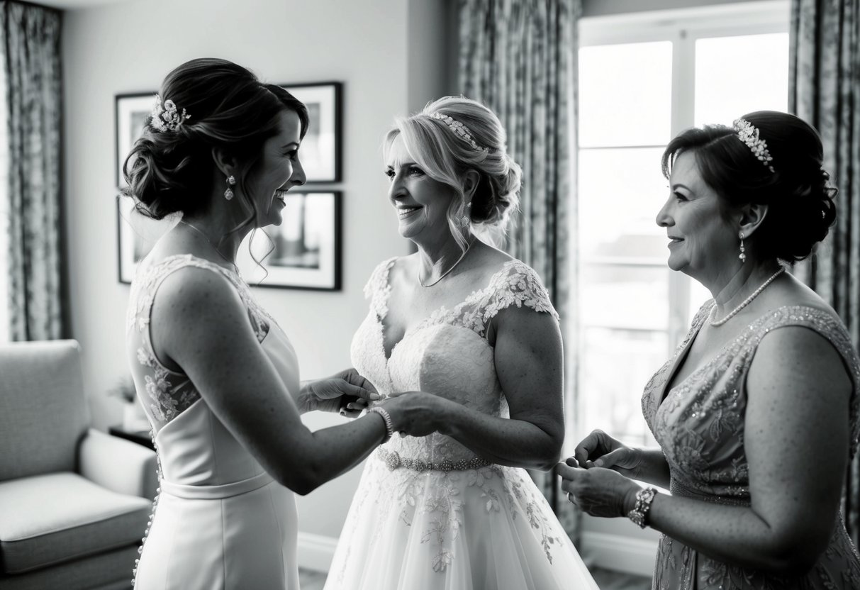 The mother of the bride helps the bride with her dress and accessories, sharing a tender moment before the wedding ceremony