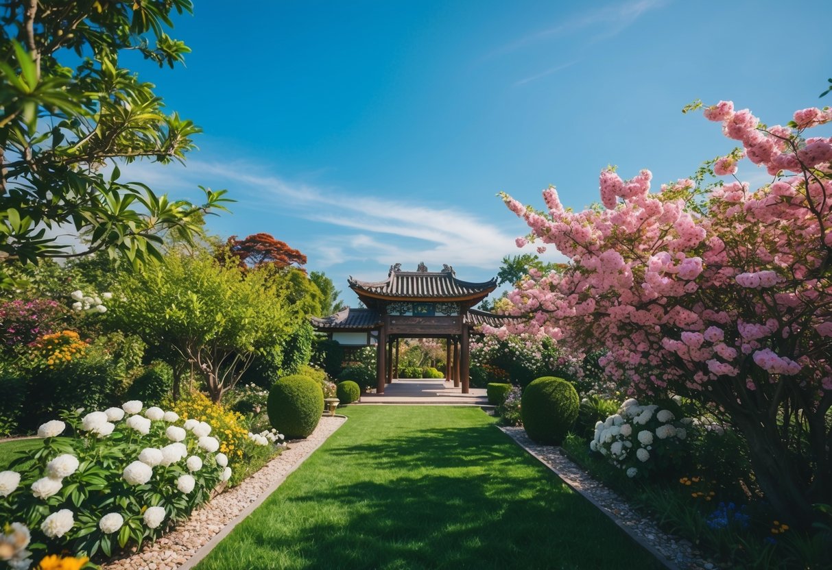 A lush garden with blooming flowers and a clear blue sky, symbolizing the ideal setting for a lucky wedding month