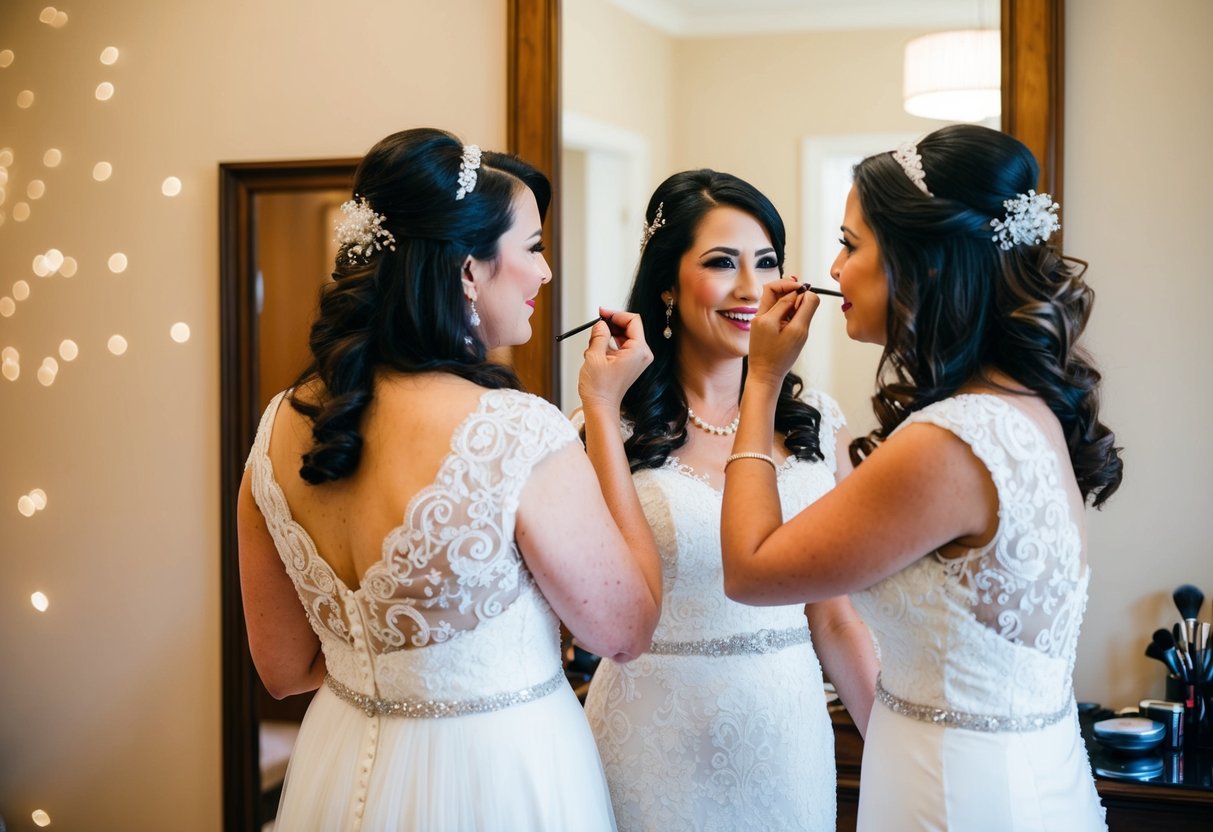 The mother of the bride and the bride standing together in front of a mirror, applying makeup and fixing their hair for the wedding