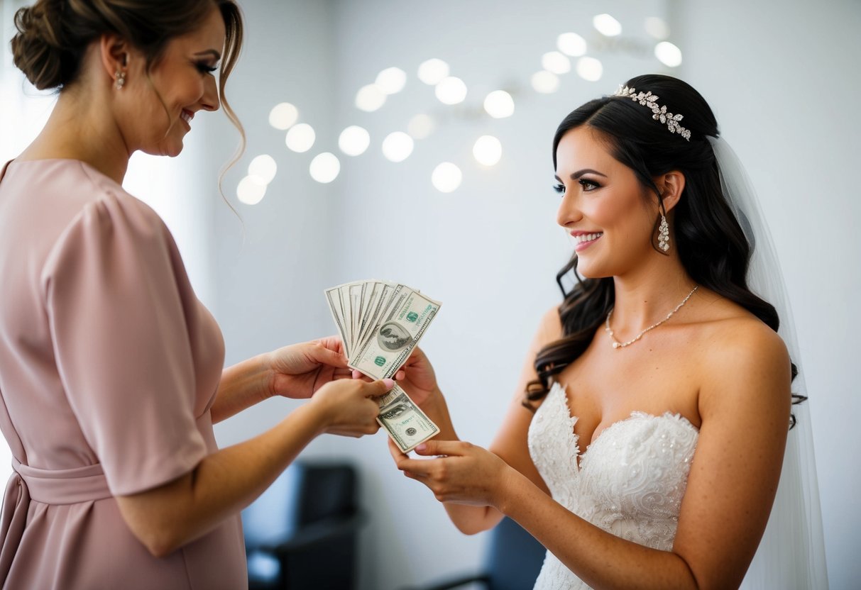 A bride handing cash to a hairstylist