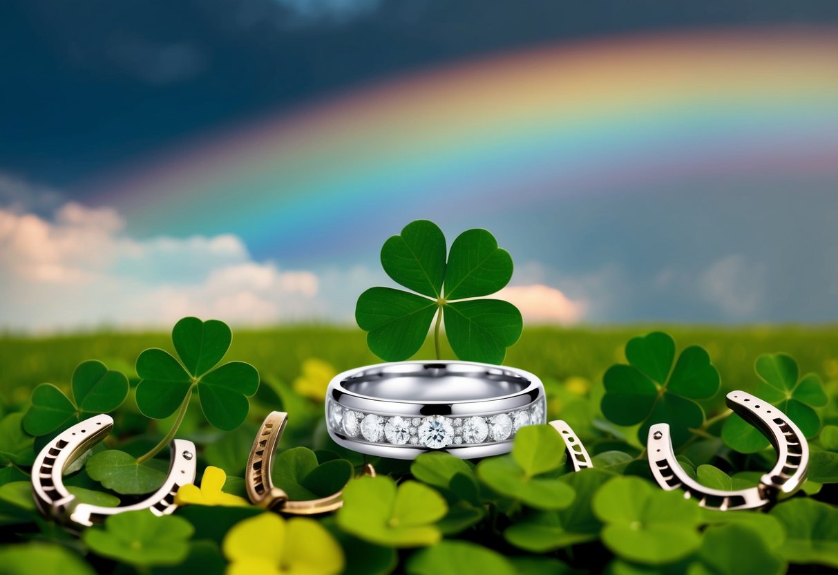 A wedding ring surrounded by four-leaf clovers and horseshoes, with a rainbow in the background